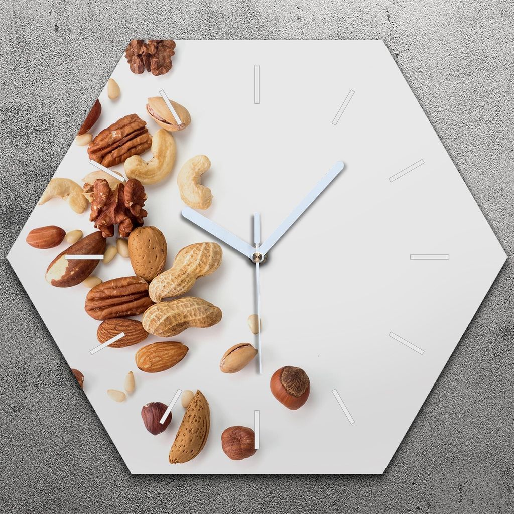 Uhr hexagonal 40 cm Glas Geräuschlos weiße Zeiger - Nüsse Motive