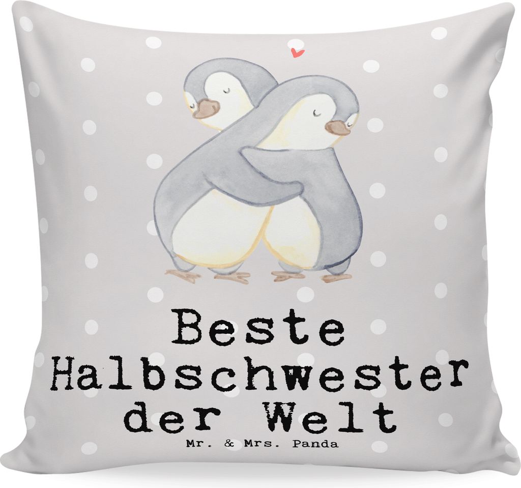 Mr. & Mrs. Panda Deko Kissen Pinguin Beste Halbschwester der Welt - Grau Pastell - Geschenk, bedruckt, Kuschel, Familie, Kinder, Kuschelkissen, Ges...