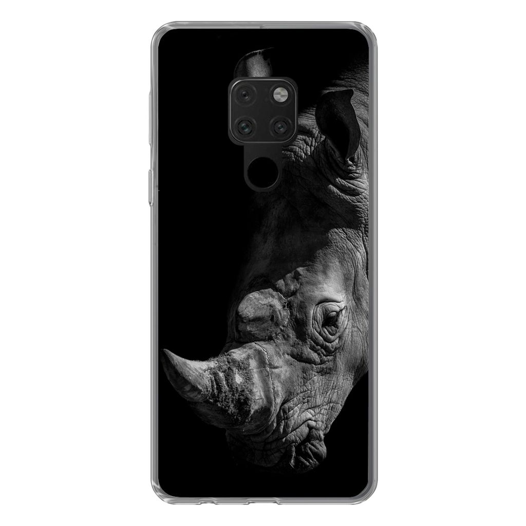 MuchoWow Handyhülle Schutzhülle Hülle für Huawei P40 Lite Nahaufnahme eines Nashorns auf schwarzem Hintergrund Silikon Softcase Handy Hülle ...