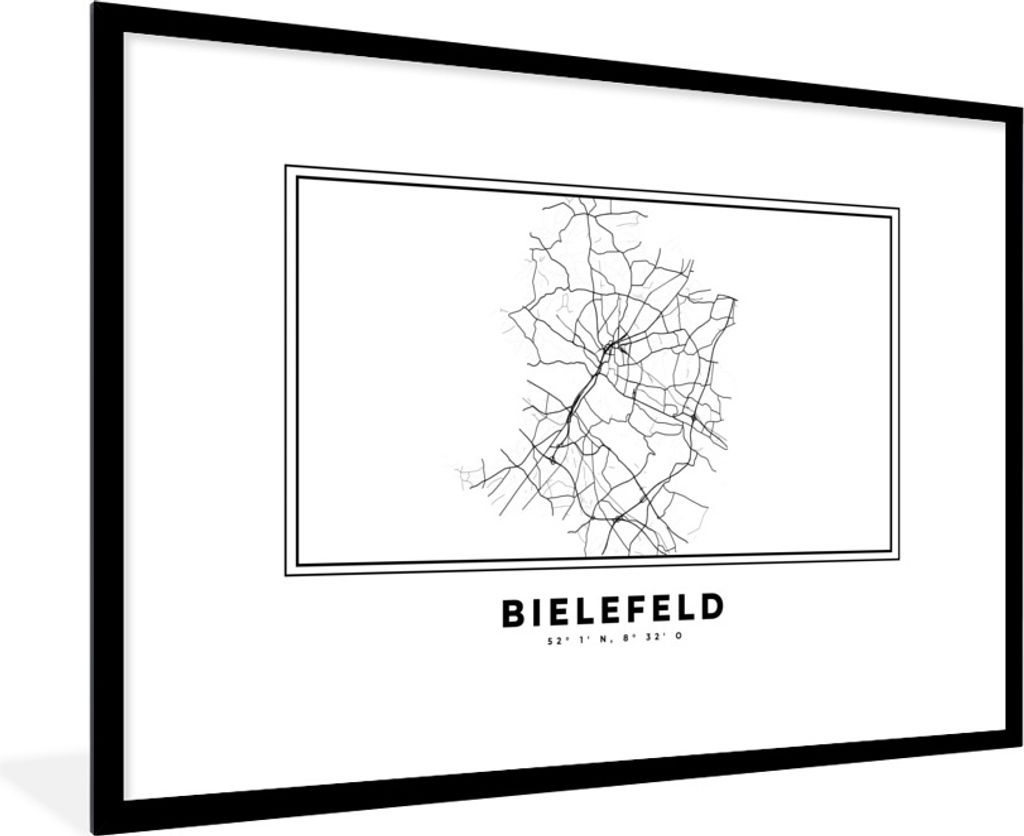 MuchoWow Gerahmtes Poster Stadtplan - Deutschland - Schwarz und weiß - Bielefeld - Karte 90x60 cm - Poster mit Schwarzem Bilderrahmen Wandposter...