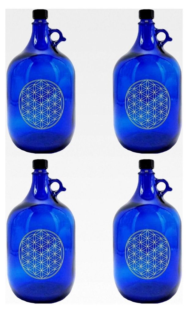 Glasballon blau 5 Liter, Henkelflasche aus Blauglas mit Veredelung "Blume des Lebens" (VPE 4 Stück)