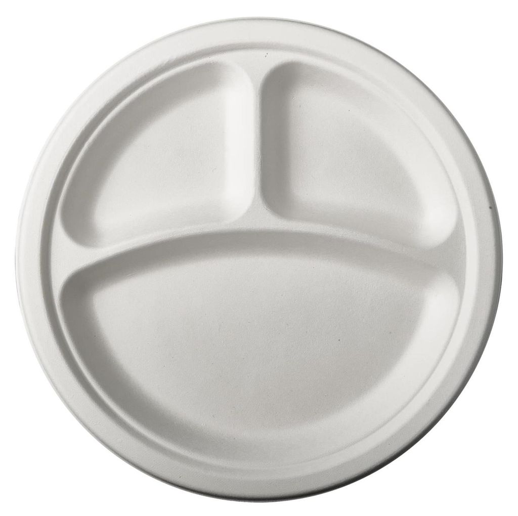 PAPSTAR 12 Teller, Zuckerrohr "pure" 3-geteilt Ø 23 cm · 2 cm weiss | Schrumpffolie (12 Stück)