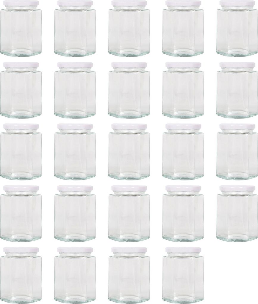 Sechseckige Marmeladengläser aus Glas mit weißem Deckel – 250 ml – 24 Stück