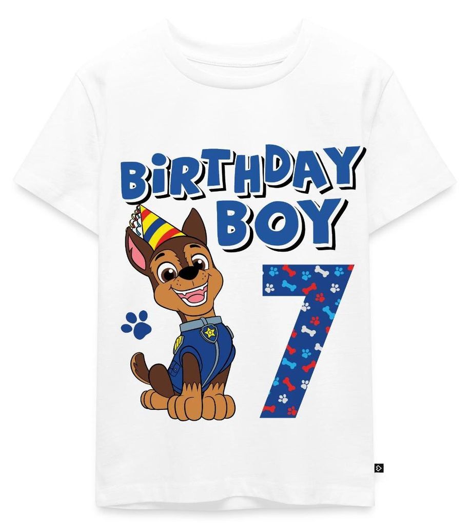 Spreadshirt Paw Patrol Geschenk 7 Jahre Alt 7. Geburtstag Chase Kinder Premium T-Shirt, 122/128 (6 Jahre), Weiß