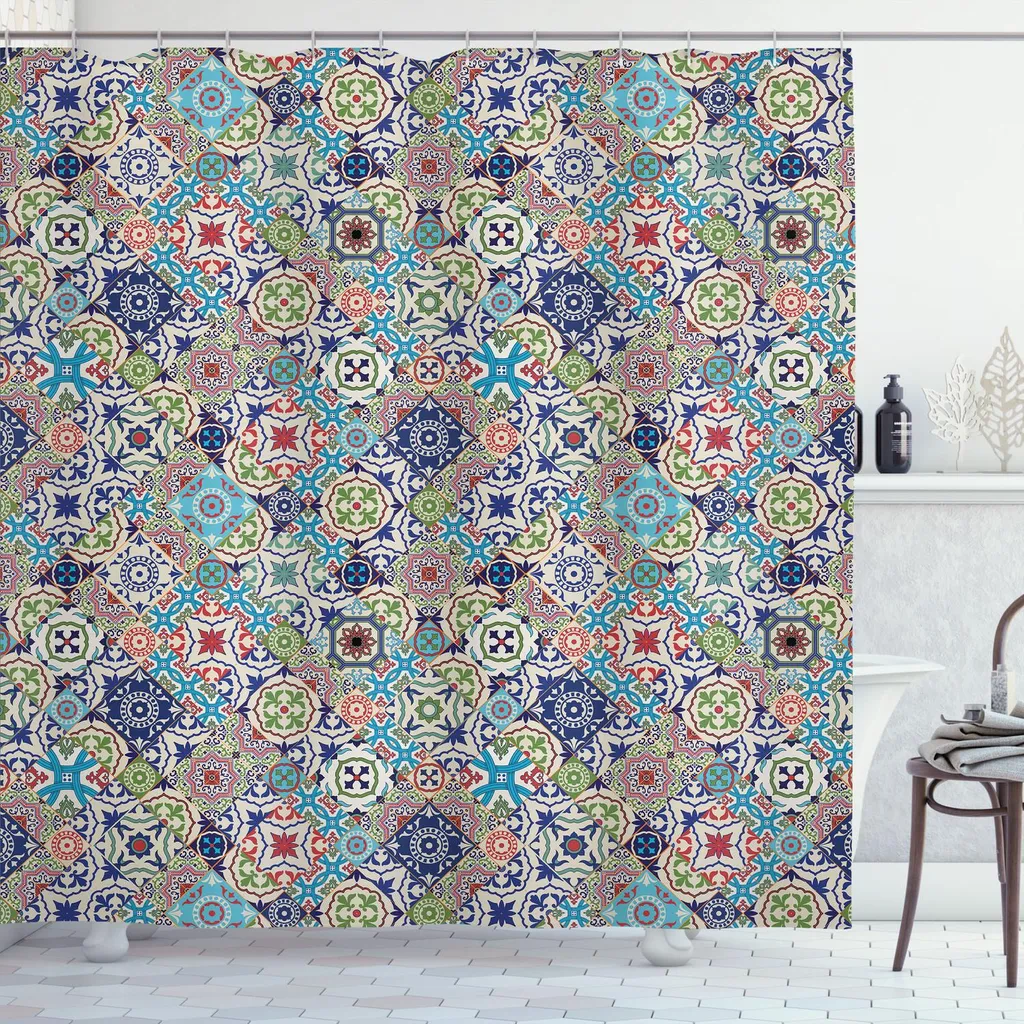 ABAKUHAUS Tenda da doccia marocchina, motivo complesso multicolore con piastrelle marocchine, decorazione floreale antica, disegno arabesco, 175 x 200 cm, multicolore