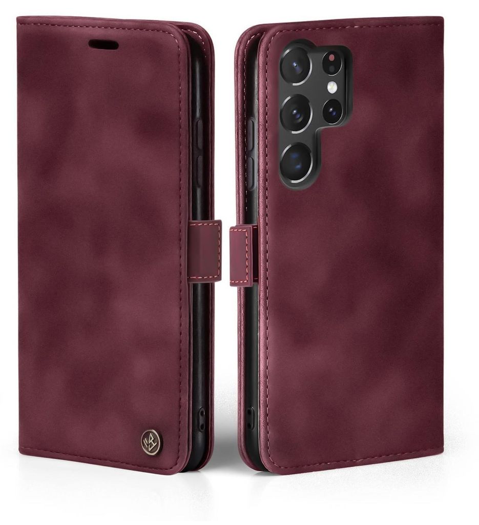 A burgundy flip case for a smartphone is shown from two angles, open and closed.