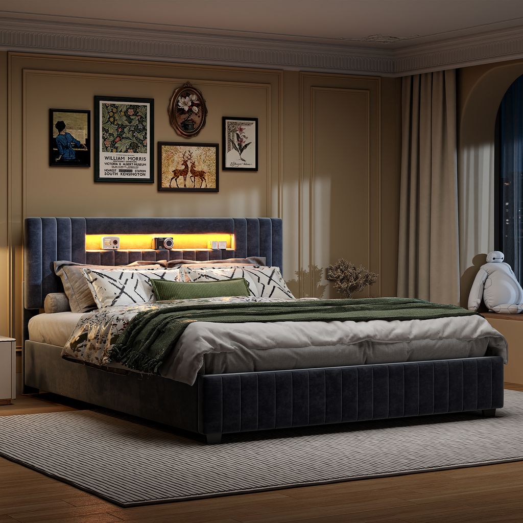 CDGlobal Polsterbett mit LED, Bluetooth-Player und USB, hydraulisches Boxspringbett Doppelbett 140x200cm, Holzbett Stauraumbett Jugendbett, Samt, Grau