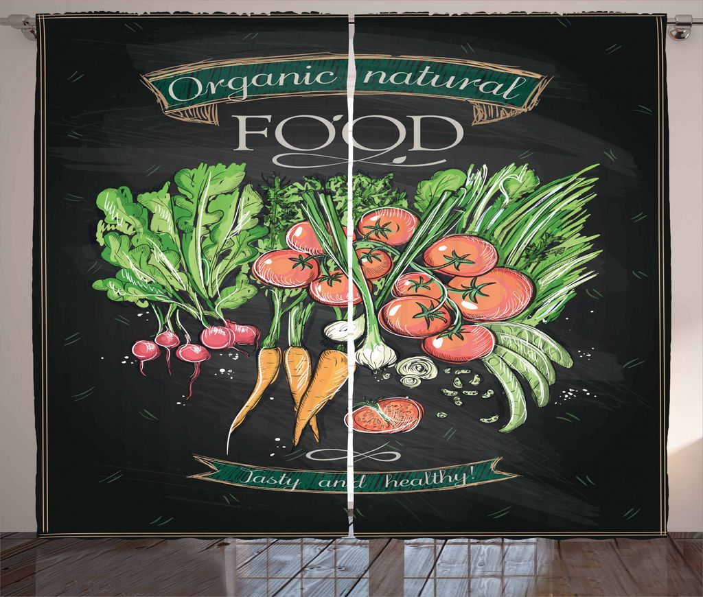 ABAKUHAUS Vegetarier Rustikaler Vorhang, Tafel Bio-Lebensmittel, Wohnzimmer Universalband Gardinen mit Schlaufen und Haken, 280 x 245 cm, Mehrfarbig