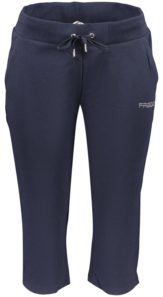 Sportliche Damenhose: Lange, blaue Capri mit Kordel und Taschen