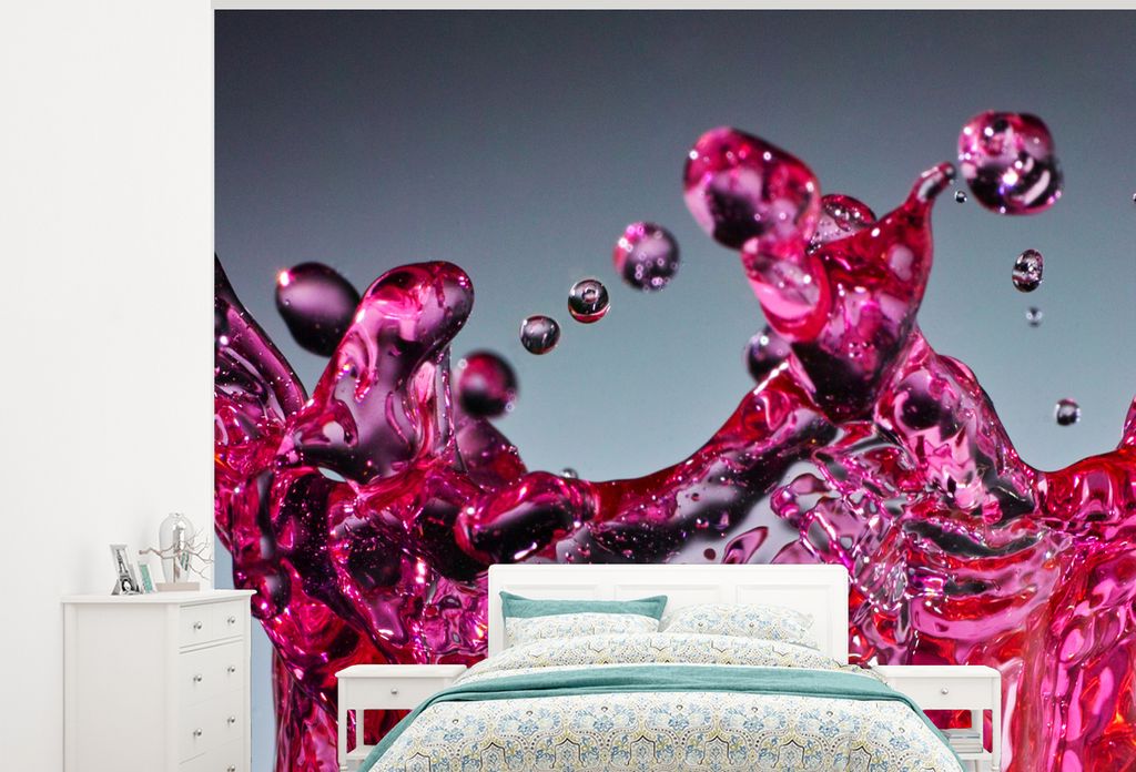 MuchoWow Fototapete für Wohnzimmer oder Schlafzimmer Wandtapete Vinyl Motivtapete Wasser - Abstrakt - Rosa - Tropfen - 275x220 cm - Gemustert