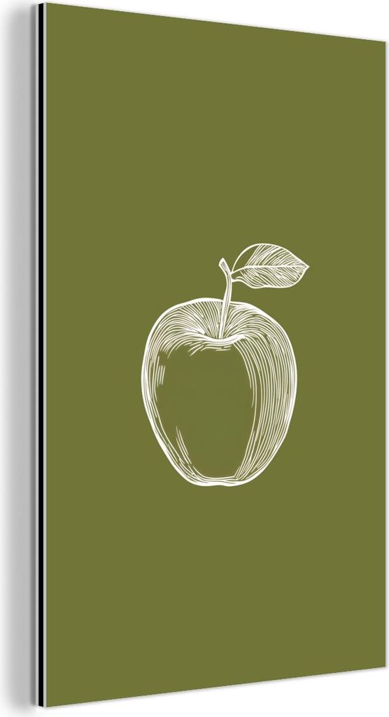 MuchoWow Wanddekoration Metall Metallbild Wandkunst 80x120 cm Strichzeichnung - Apfel - Olivgrün - Blatt MuchoWow Aluminium Gemälde - Bilder