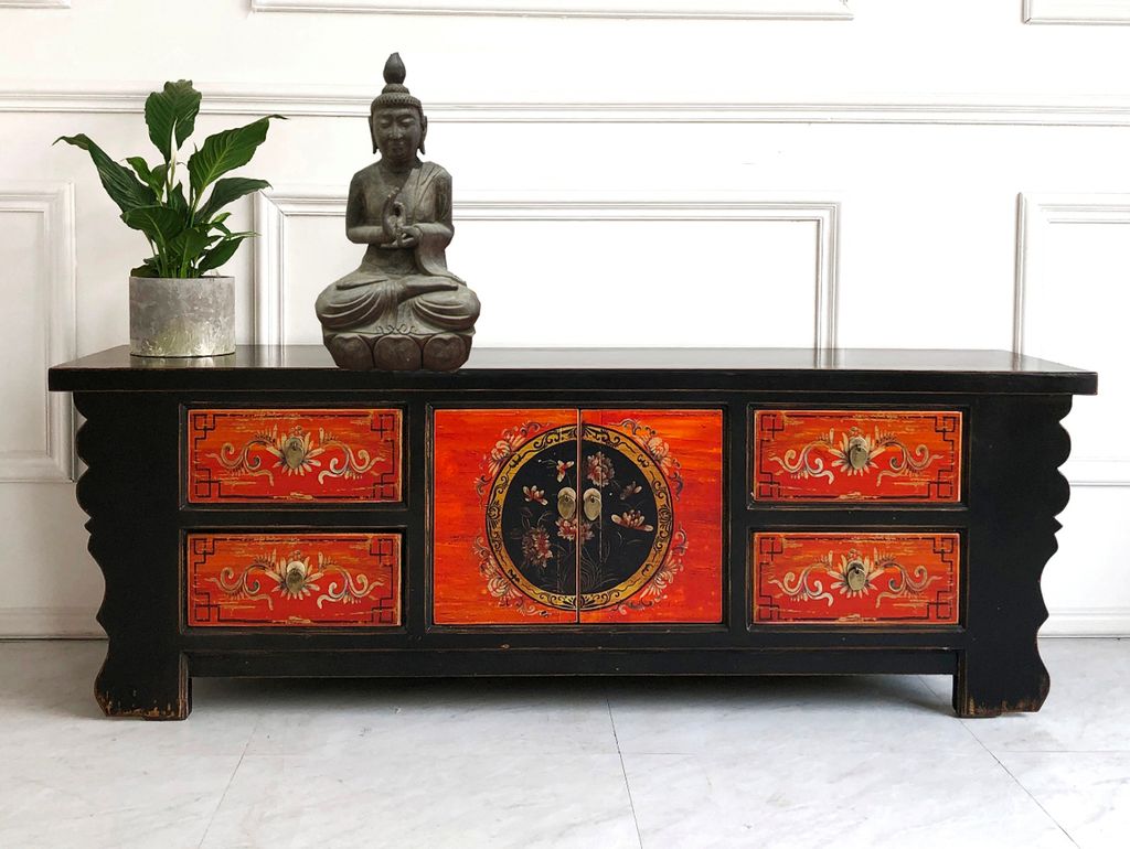 Chinesisches Lowboard Sideboard Kommode Schrank Hochzeitsschrank Möbel asiatisch orientalisch chinesisch Büffet Anrichte schwarz-rot China Shabby...