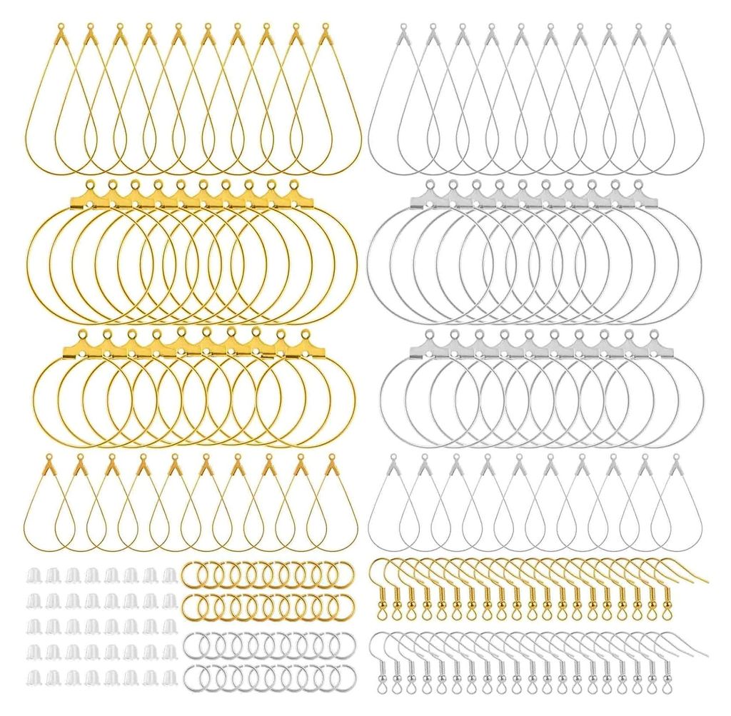 200 Stück DIY Ohrringe Perlen Creolen Set, Ohrringe selbst gestalten, Tropfenform und Ohrhaken aus Kunststoff für Schmuckherstellung (Gold, Silber)