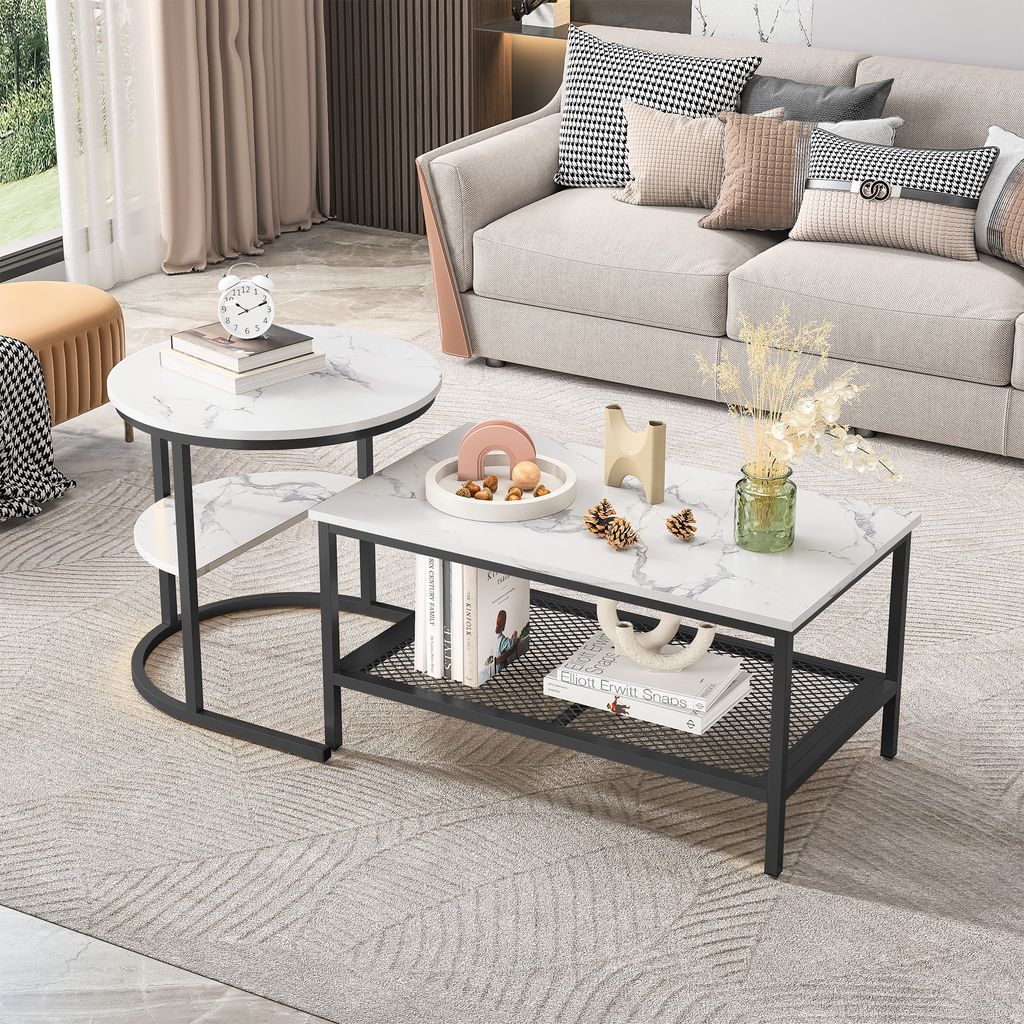 CDGlobal Couchtisch 2er Set, Moderne Wohnzimmertisch mit Marmormuster, Matt Satztisch mit Stauraum, für Wohnzimmer, Balkon und Büro, Metallgestel...
