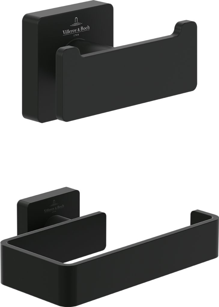 Villeroy & Boch Elements Striking Badaccessoire-Set, 2-in-1, Doppel-Handtuchhaken & Toilettenpapierhalter, Matt Black