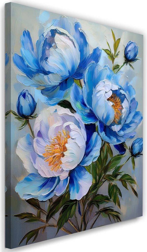 Leinwandbild Blaue Pfingstrosen Blumen Gemalt 80x120 Feeby Blau bild für die wand bereit zum aufhängen