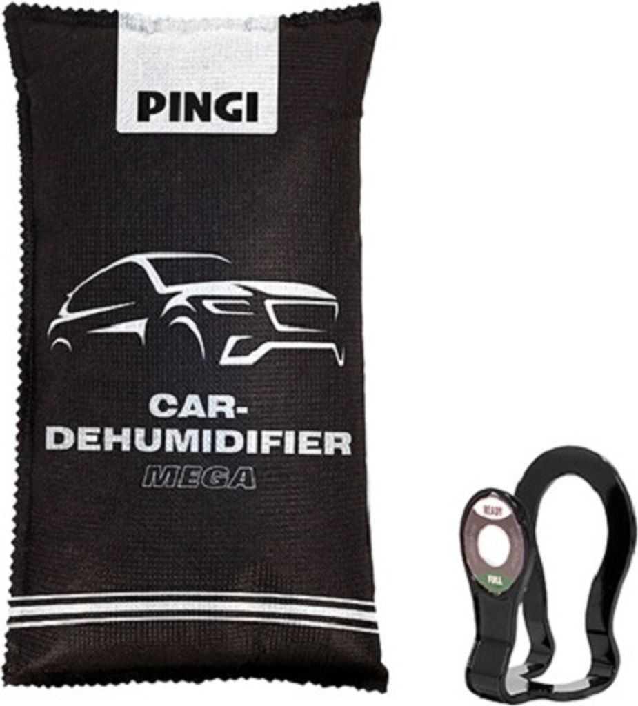 A car dehumidifier bag and a clip are shown against a white background.