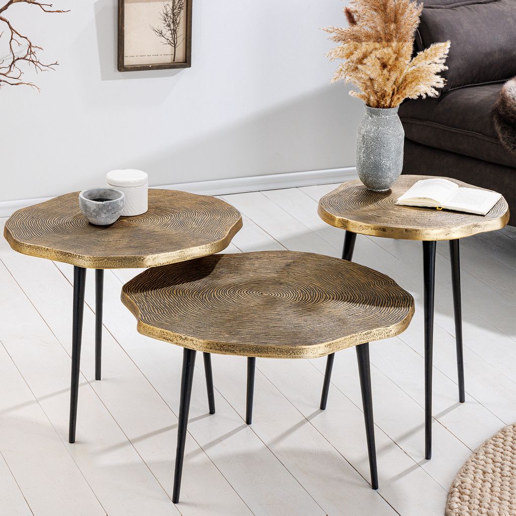 riess-ambiente 3er Set Beistelltische ORGANIC 60/50/40cm antik messing Metall rund Baumstamm schwarze Beine Couchtisch Tisch