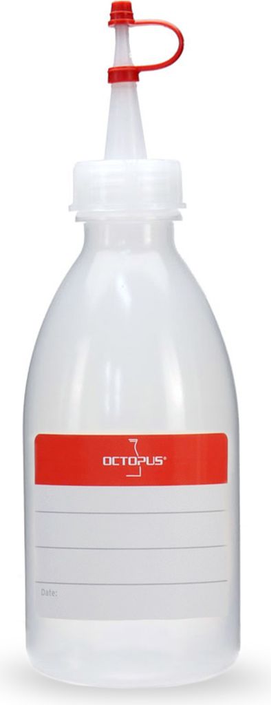 100 Plastikflaschen 250 ml aus LDPE, natur, G25, Tropfverschluss, rotes Halteband und Käppchen