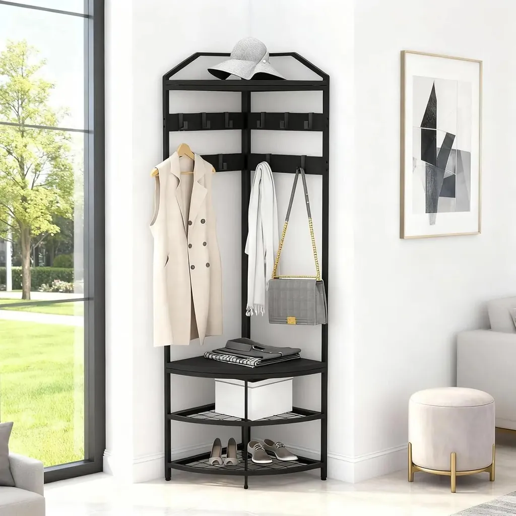 Portemanteau d'angle anti-encombrement avec rangement intégré noir