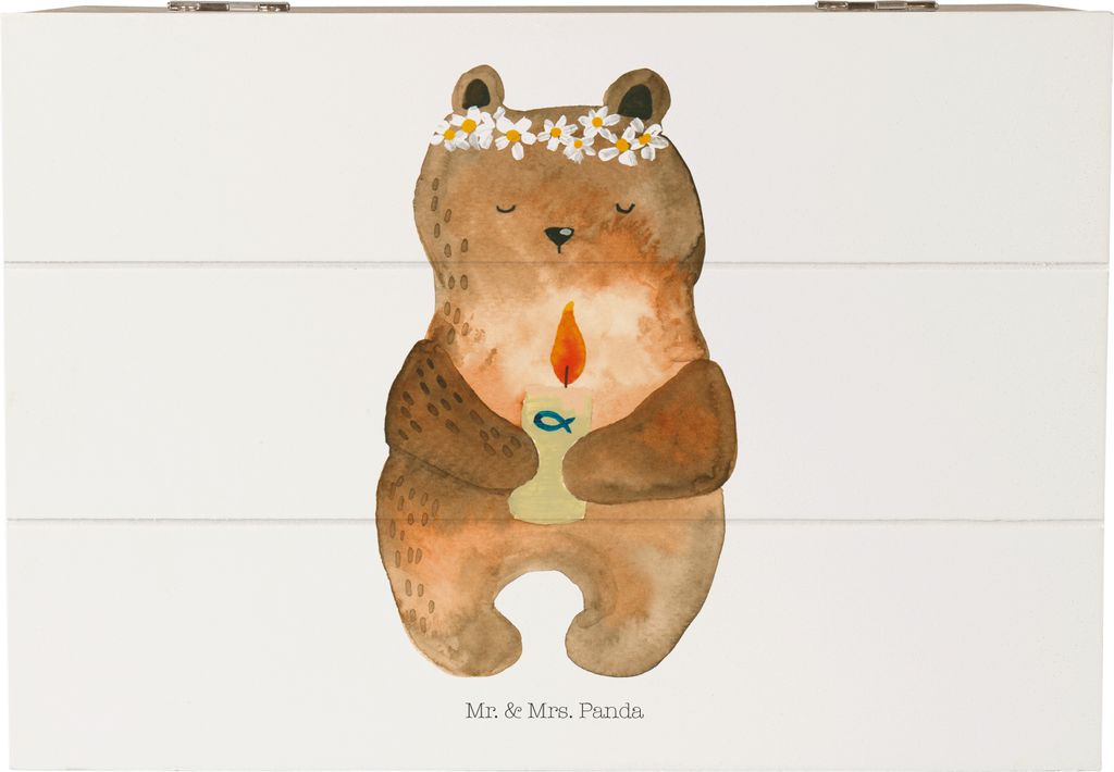 Mr. & Mrs. Panda Holztruhe Bär Kommunion 22 x 15 cm - Weiß - Geschenk, schatztruhe, fotobox, Schatzkiste, Gottes Segen, Katholisch, Taufkerze, Bo...