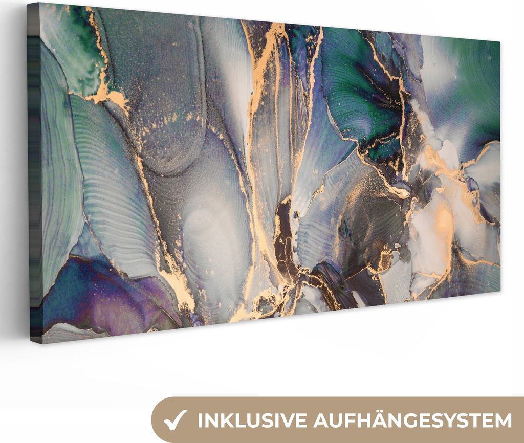 MuchoWow - Leinwandbilder - Gold - Blau - Marmor, Wandbild, Wanddeko Bilder Wohnzimmer, 80x40 cm
