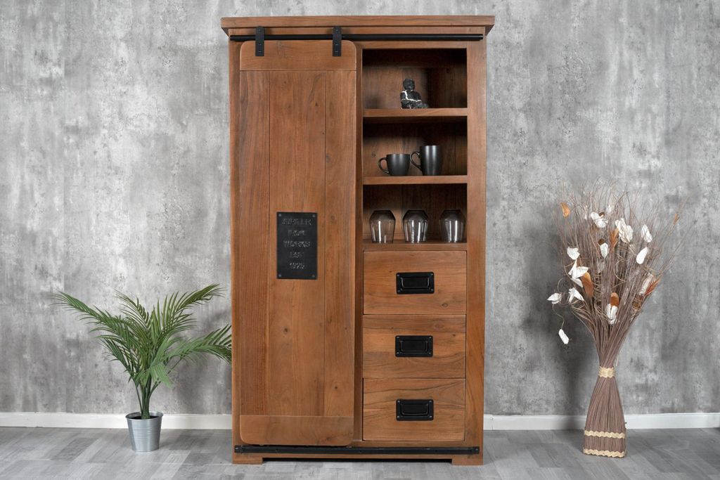 Highboard Libro, Akazienholz massiv + nussbaumfarben, Hochschrank mit Holzschiebetür, je 3 Schubladen & 6 offenen Fächern, Türelemente, Griffe &...