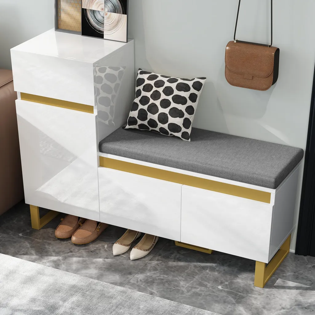 Banc de Rangement Chaussures avec Coussin Moelleux pour Entrée Blanche