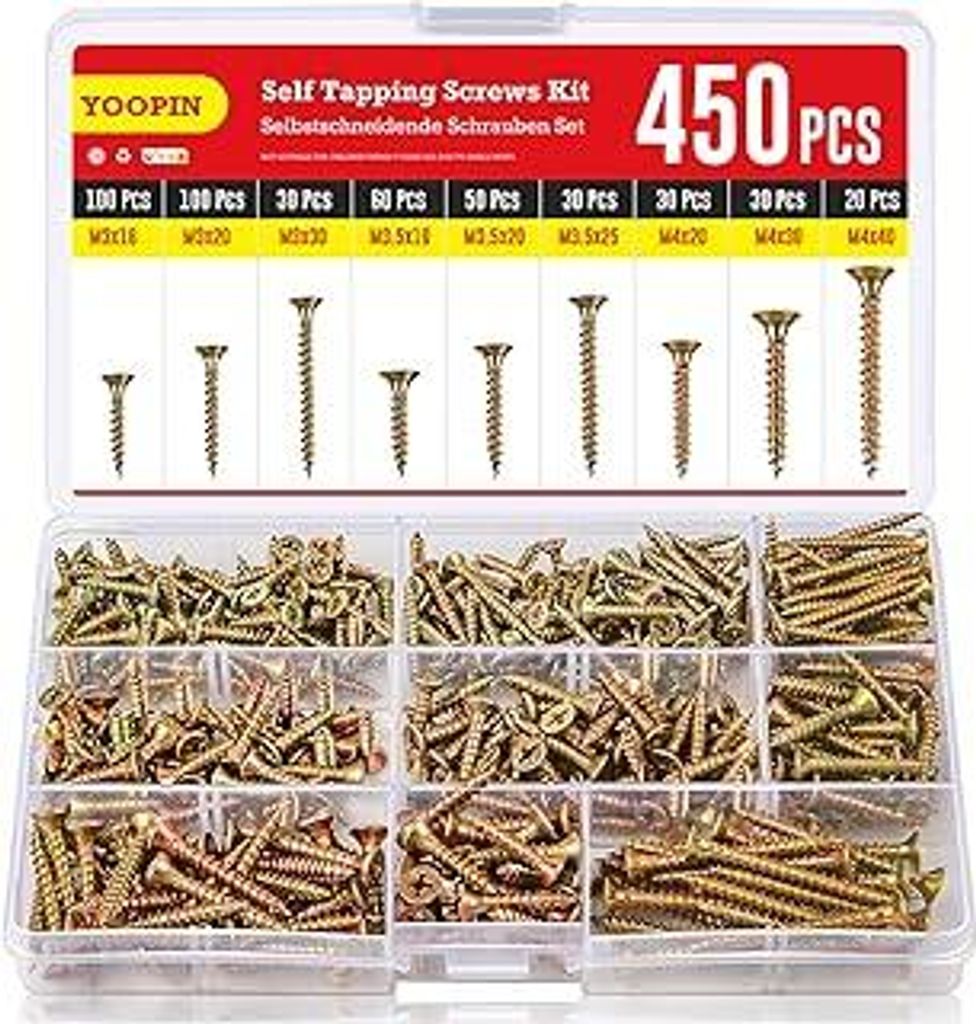 YOOPIN Schrauben Set, 450 Stück Holzschrauben Set, M3 M3.5 M4 Schrauben Sortiment, Farbe Zink Selbstschneidende Schrauben, Phillips Senkkopf Holzs...