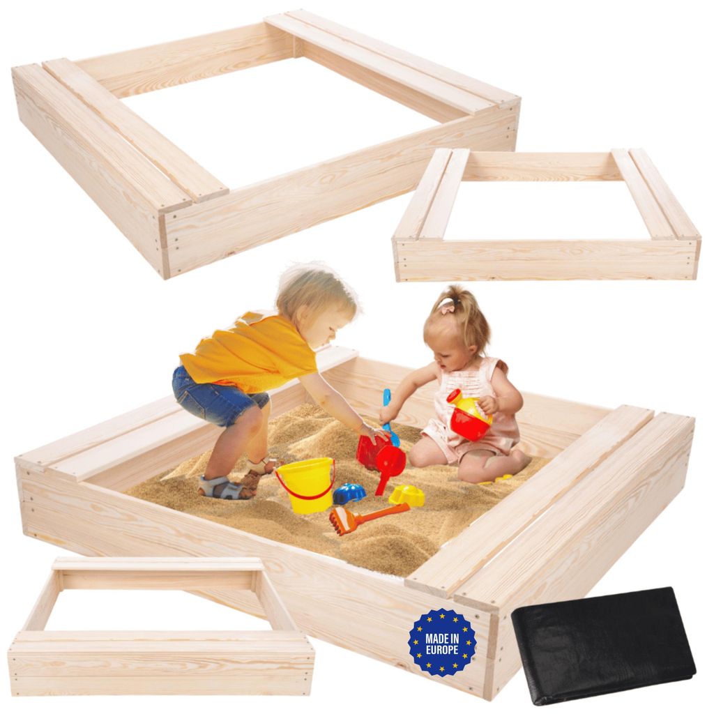 MODO24 Sandkasten Holz, mit Sitzbänken, Holzsandkasten, Kinder Gartenspielzeug, Outdoor, 120x117 cm, Natur Imprägniert, PIA