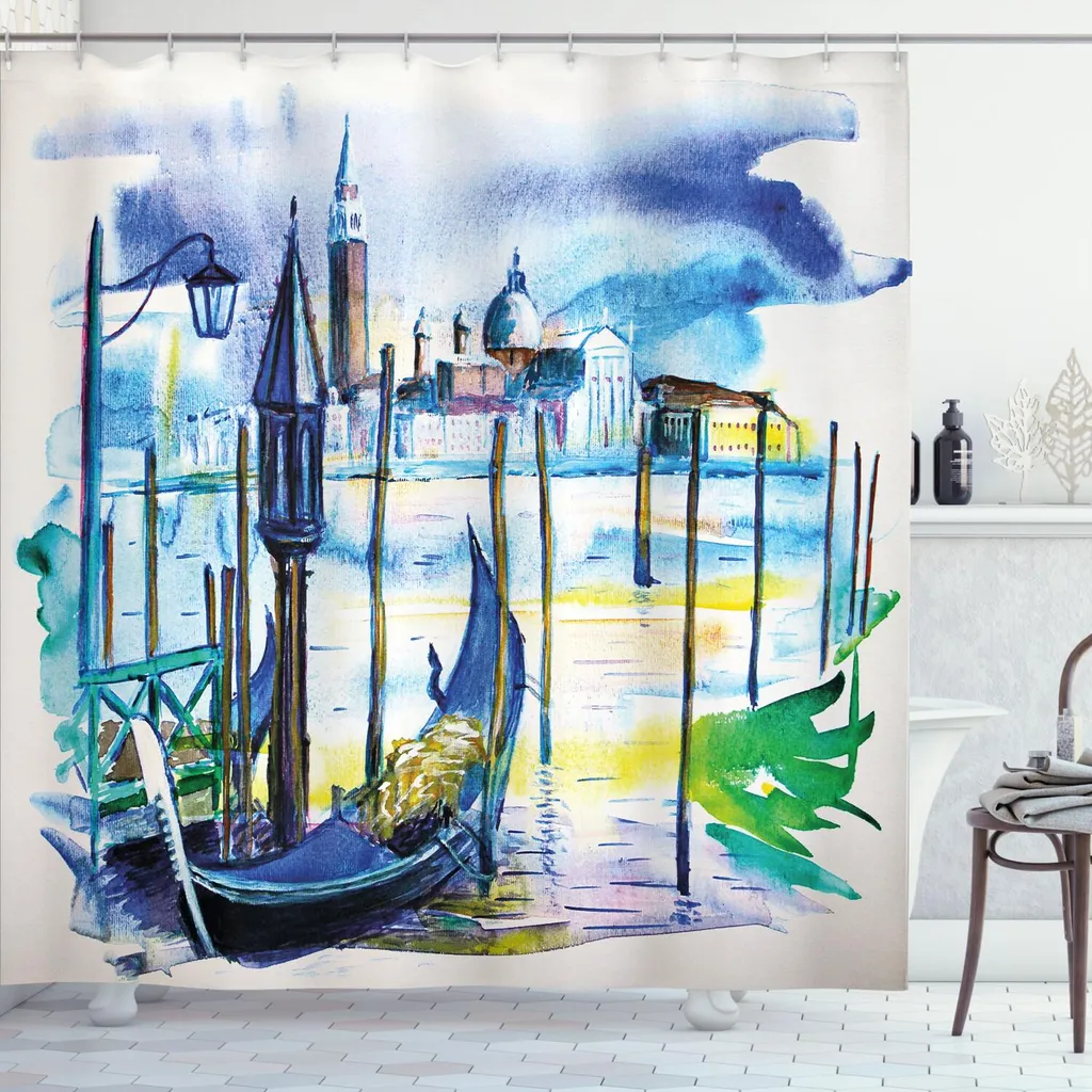 Tenda Doccia ABAKUHAUS Venezia 175x240 cm - Acquerello Barca e Laguna