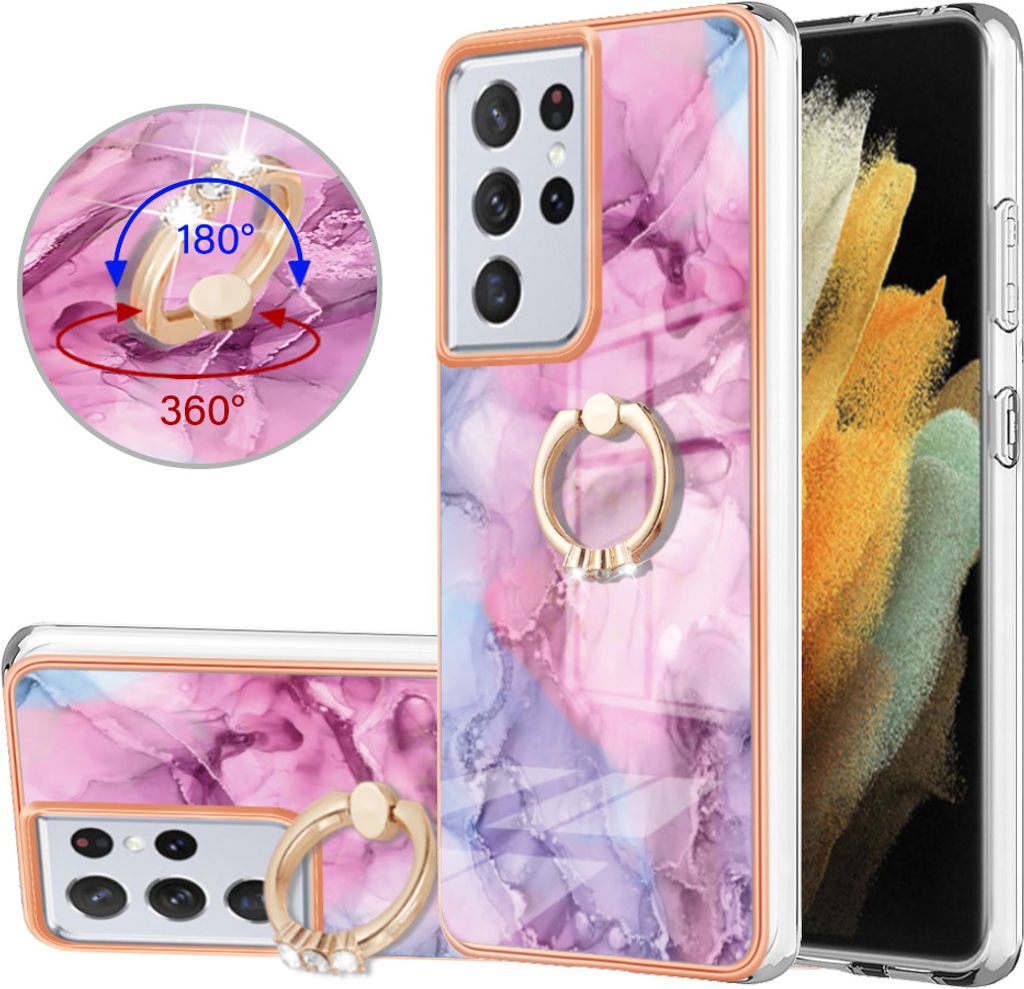 Galaxy S21 Ultra 5G Hülle, Muster TPU Silikon Stoßdämpfer Bumper Schutzhülle mit Ring Ständer für Samsung Galaxy S21 Ultra 5G Pink