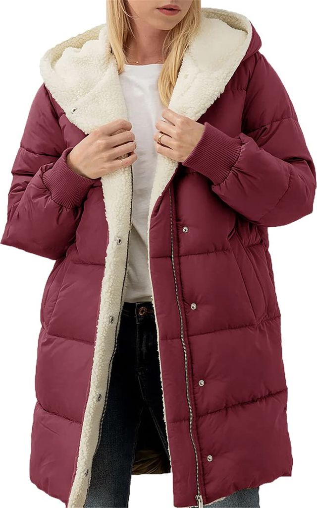 ASKSA Damen Wintermantel Lang Warm Daunenjacke Winterjacke Laessig Fleecejacke Outdoor Casual Kapuzenmantel (Weinrot,2XL)