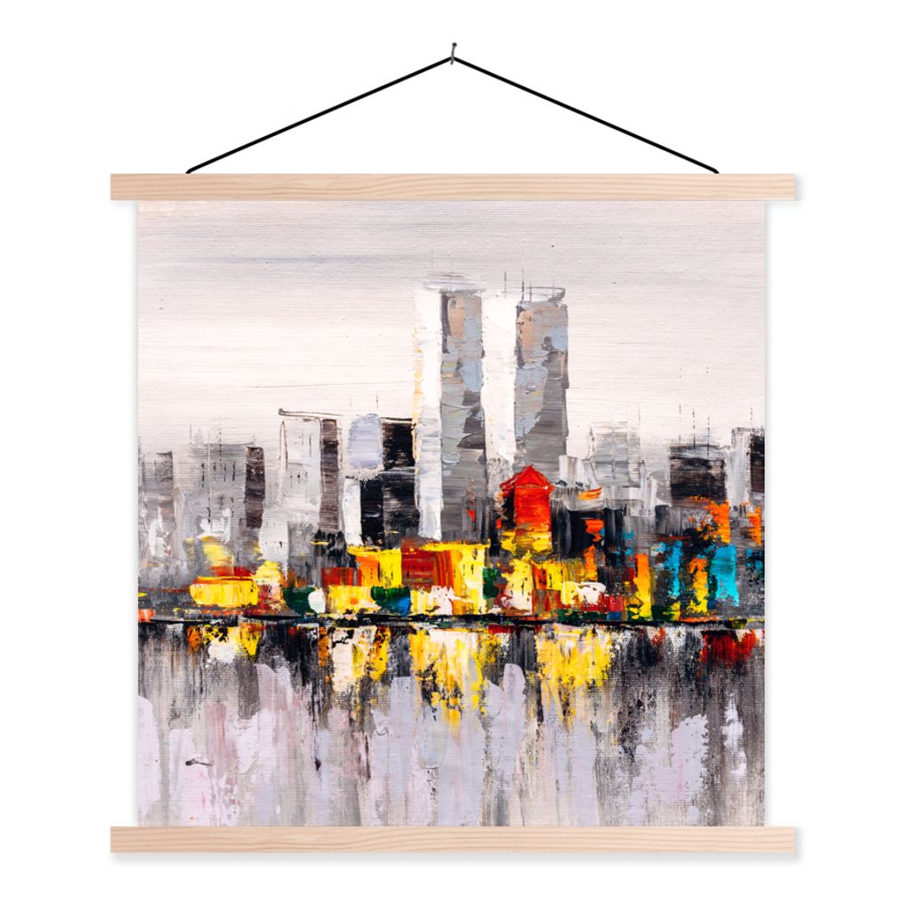 MuchoWow Textilposter Gemälde - Skyline - Farben - Ölfarbe 40x40 cm mit holzfarbenen Rahmen - Posterleiste
