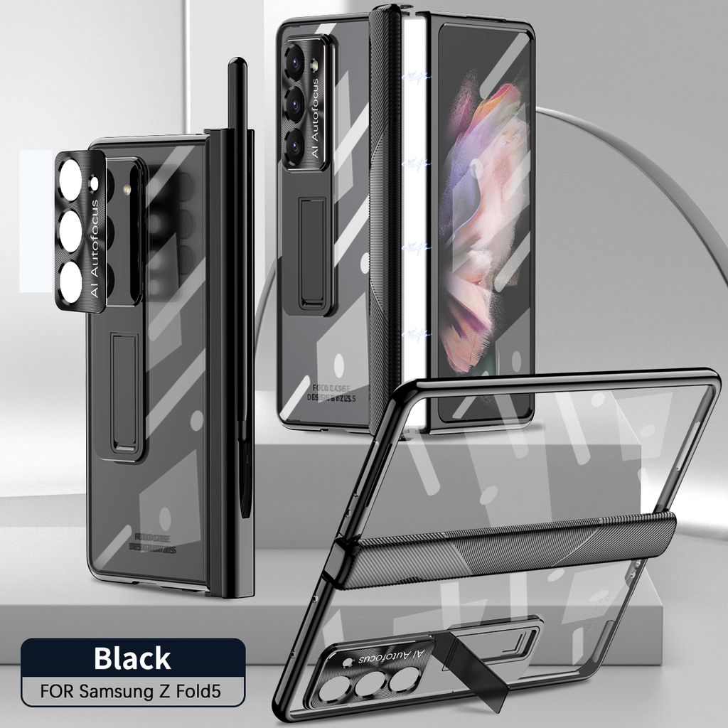 Hülle für Samsung Galaxy Z Fold 5 Magnetscharnier, Ständer, Stifthalter, Schutzhülle mit Linsenfolie, Bildschirmfolie Schwarz