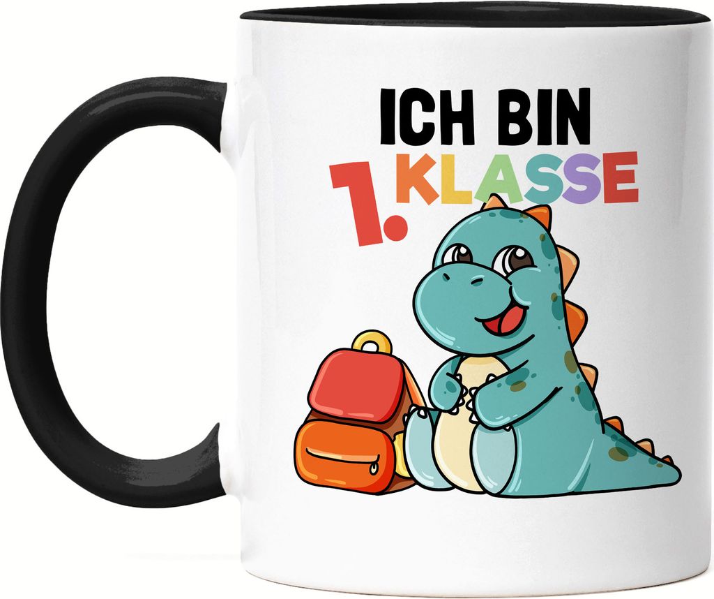 Ich Bin 1. Klasse Tasse Schwarz Süßes Dino Motiv T-Rex Schulkind Einschulung Geschenk