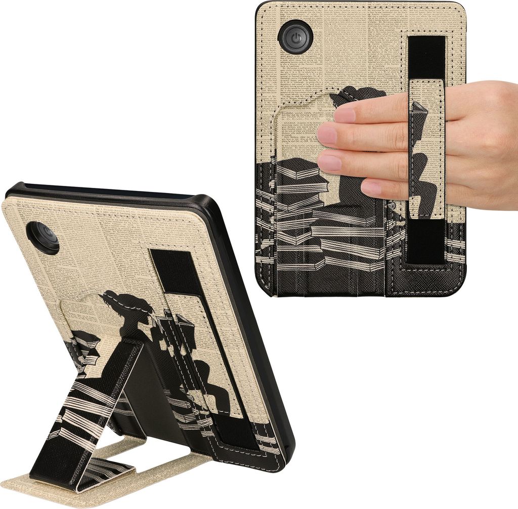 kwmobile Schutzhülle kompatibel mit Kobo Clara 2E / Tolino Shine 4 Hülle - Kunstlederhülle mit Ständer und Handgurt - Lesende Frau - Schwarz Beige