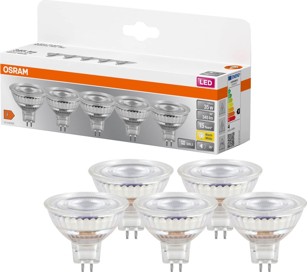 OSRAM LED-Lampe MR16, 5 Stück, GU5,3, 3,8 W, 345 lm, 2700 K