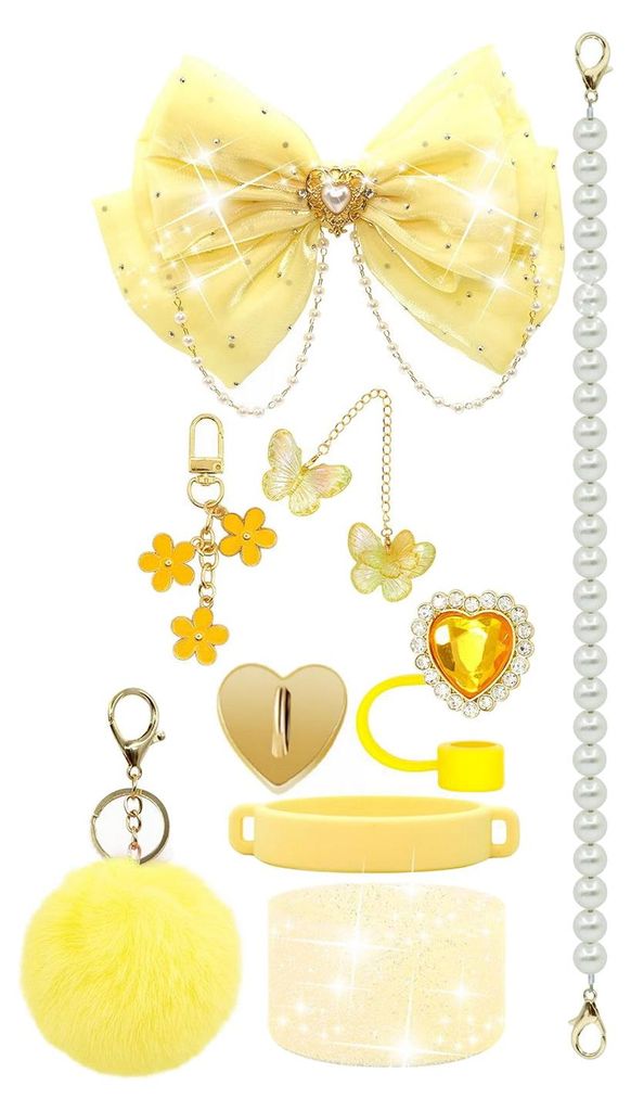 1 Set Becherhülle mit funkelnden Strasssteinen, Schleife, Plüschkugel-Dekor, Kunstperlen, Lanyard und Silikon-Bodenschutz