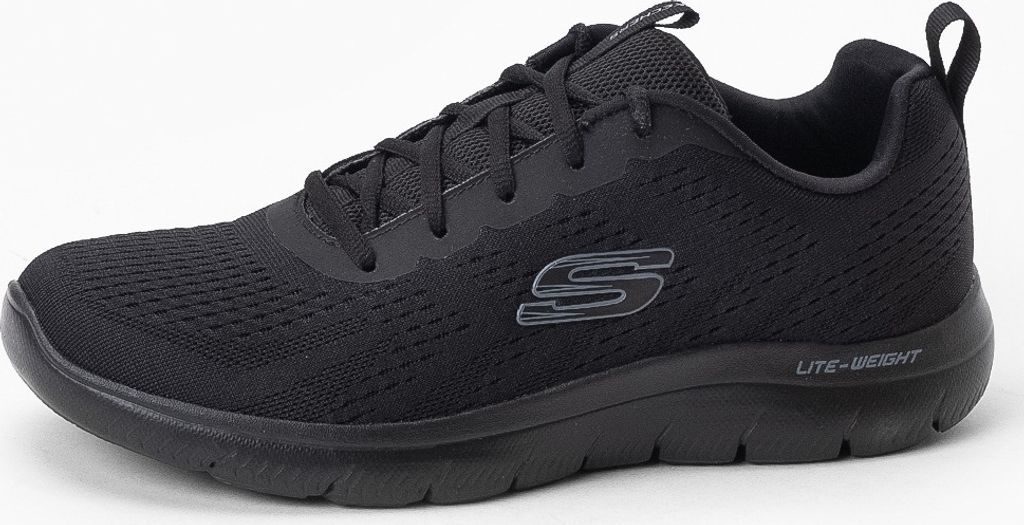 A black Skechers sneaker is shown from the side against a white background.
