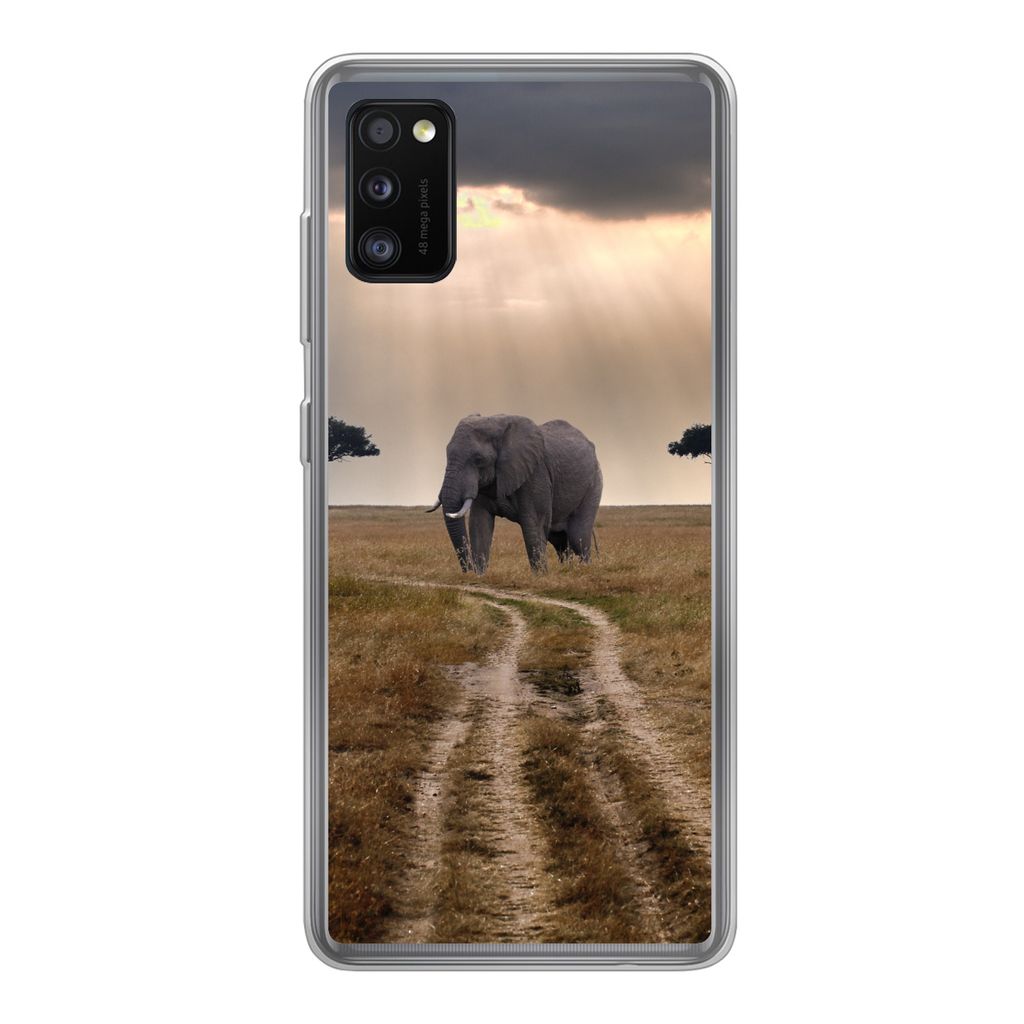 MuchoWow Handyhülle Schutzhülle Hülle für Samsung Galaxy A41 Elefant - Tiere - Wiese - Sonne Silikon Softcase Handy Hülle - Mobiltelefon