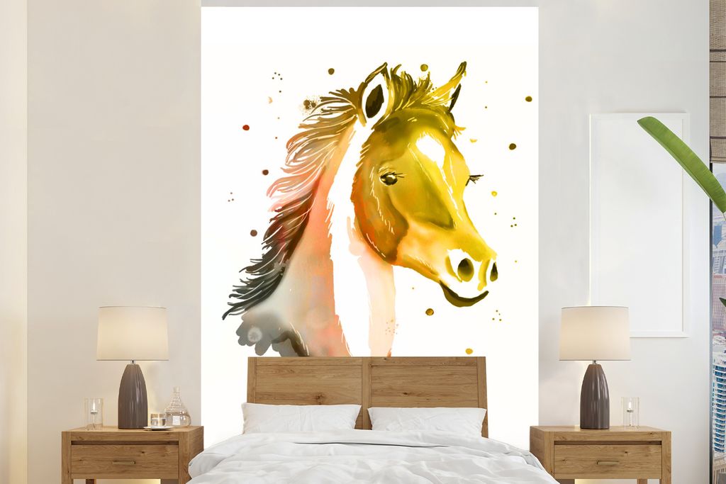 MuchoWow Fototapete für Wohnzimmer oder Schlafzimmer Wandtapete Vinyl Motivtapete Pferd - Gelb - Orange - Mädchen - Kinder - Mädchen - 195x300...