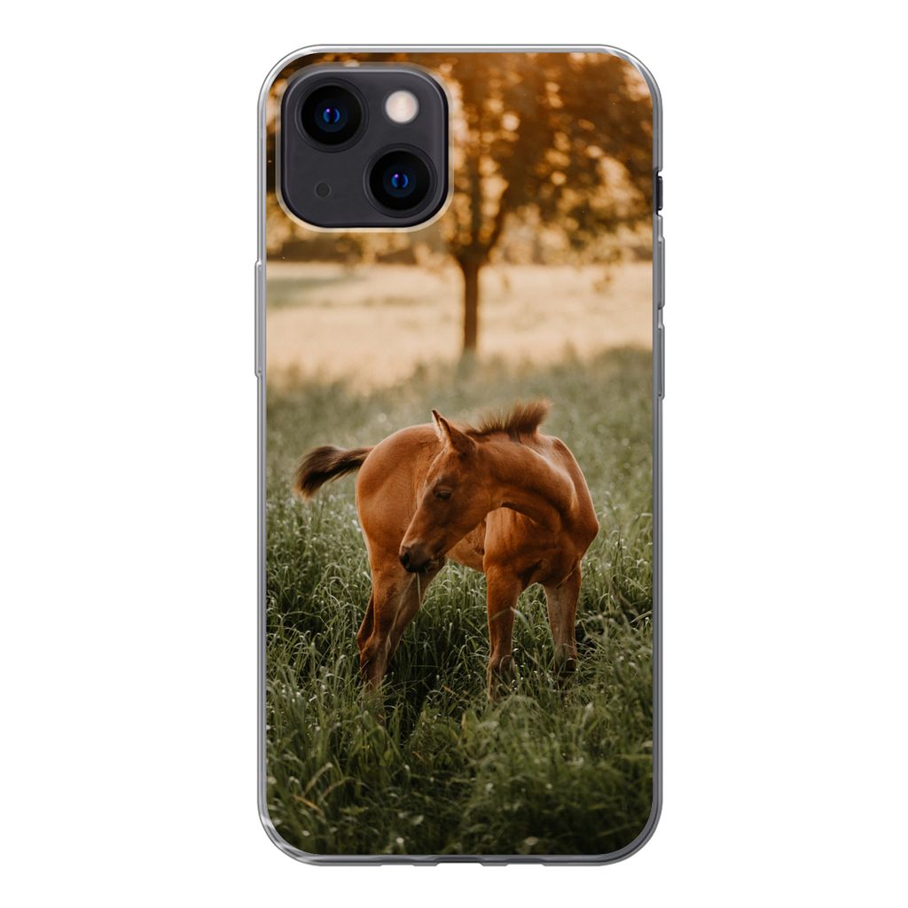 MuchoWow Handyhülle Schutzhülle Hülle für iPhone 13 mini Pferd - Gras - Baum Silikon Softcase Handy Hülle - Softcase