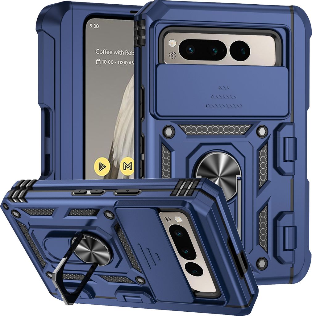 Google Pixel Fold Hülle mit Schiebe Kamera Schutz und Ringhalter Ständer Schutzhülle für Google Pixel Fold Blau