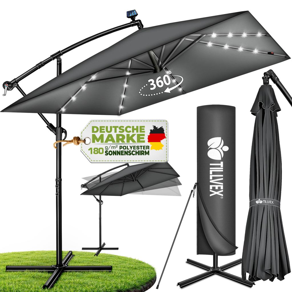 tillvex® Alu Sonnenschirm Rechteckig Ø 330 cm mit LED Solar Produktbild  KI-generiertes Bild