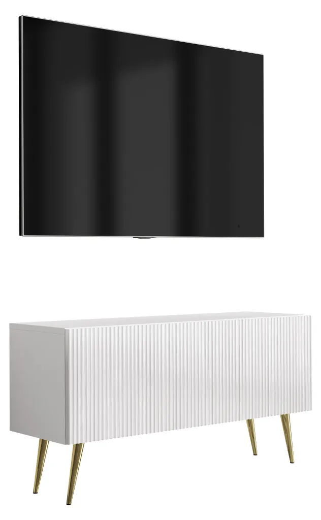 Meuble TV compact pour petit salon blanc mat et or 100 cm - Série Solène