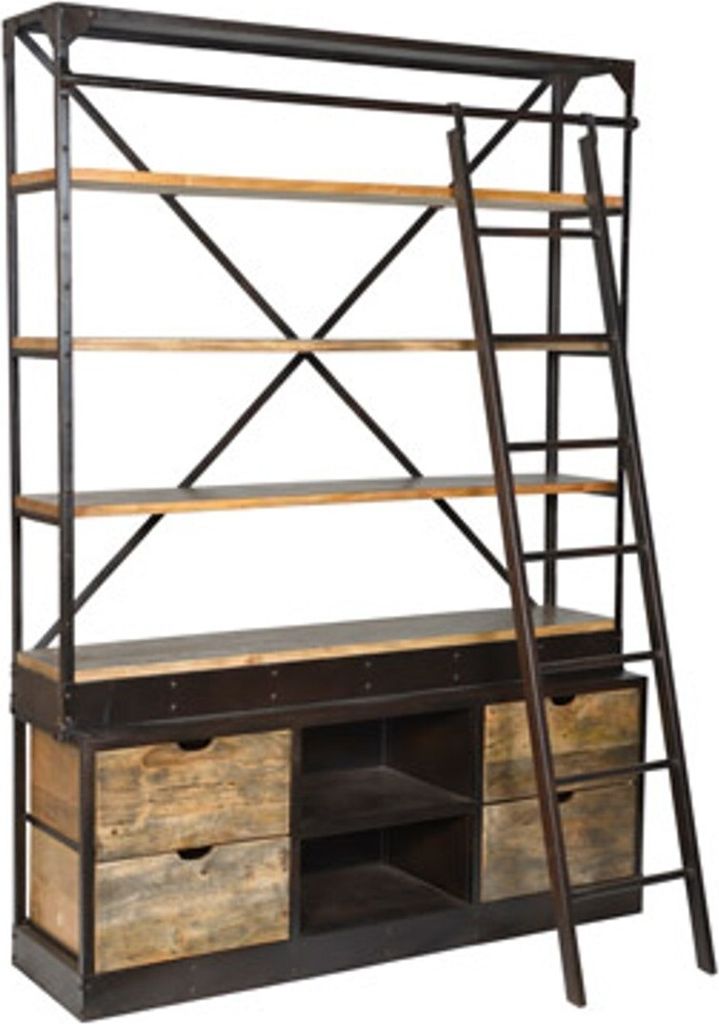 Casa Padrino Bücherregal Natur Antik-Look mit Leiter 150 x 40 x H.210 cm - Regalschrank, Bücherschrank