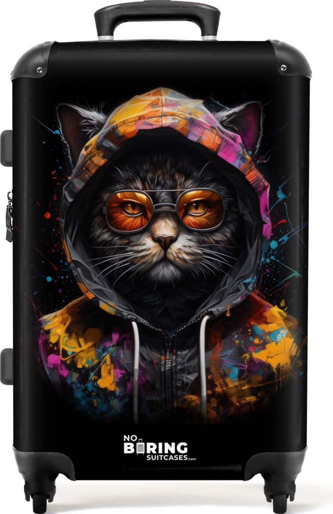 NoBoringSuitcases.com Großer Koffer - Katze mit bunter Weste und orangefarbener Brille - Kombinationsschloss TSA - Hartschalen Trolley 4 Rollen ...