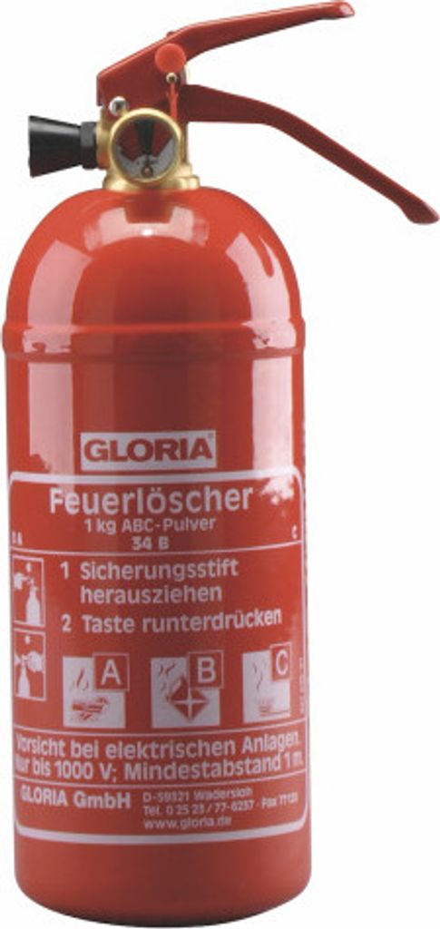Gloria KFZ Auto-Pulverlöscher PDE1 GA, 1kg Brandklasse ABC Halterung u. Plakette