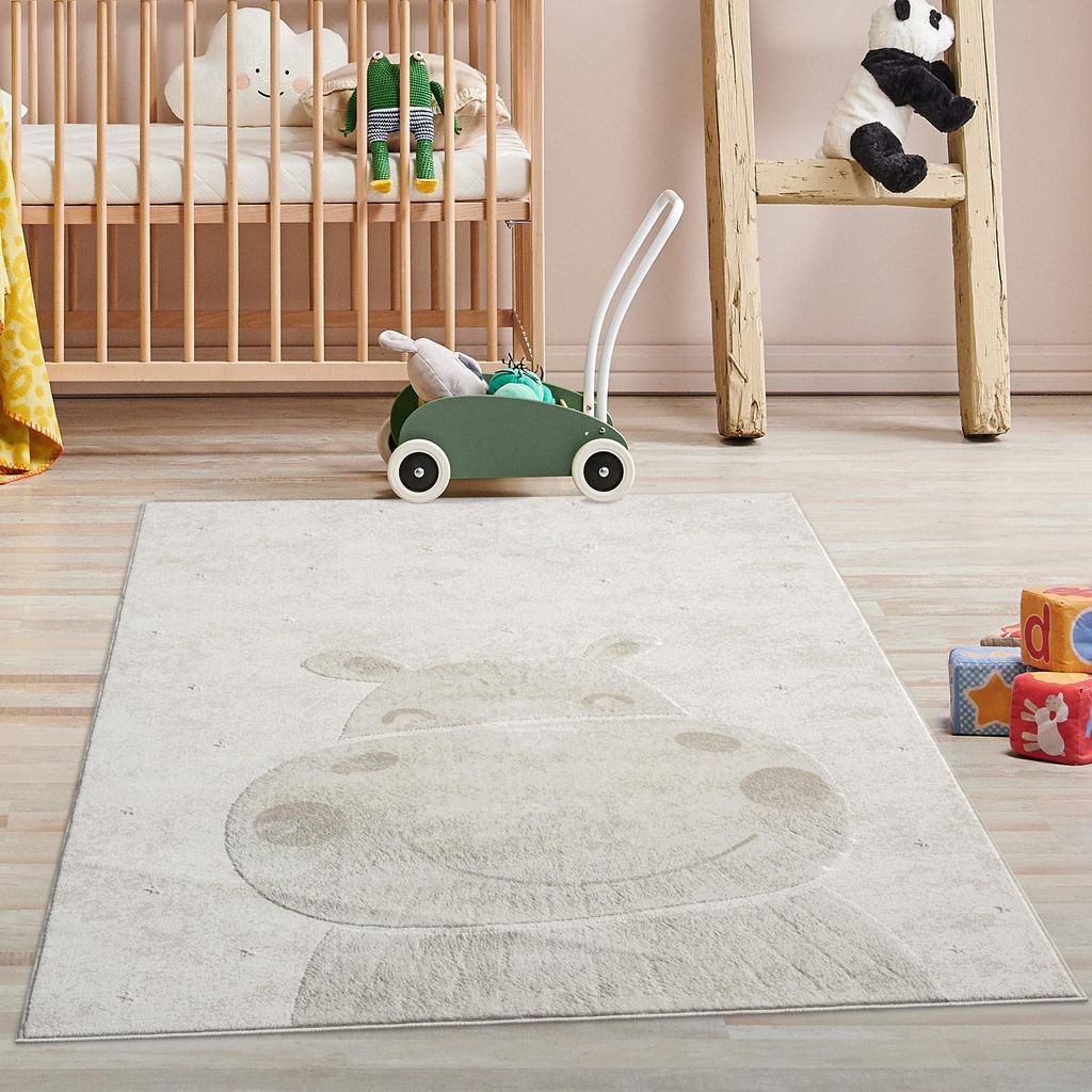 Kinderteppich Creme, Beige - 120x160 cm - Tier-Motiv Nilpferd - Kinderzimmerteppiche